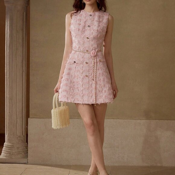 Pink Elegant Women's Tweed Button Up Dress - Picture 6 of 6